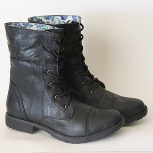 Black Combat Short Heel Mid Calf Boots Blue Floral